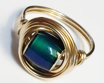 14K Gold Mood Ring, Mood Bead Ring, 14K Gold Filled Ring, Wire Wrapped Ring