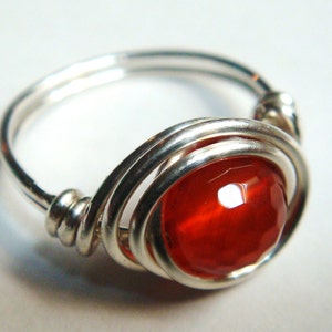 Red Ring   Red Carnelian Gemstone Ring   Sterling Silver Ring  Wire Wrapped Ring  Silver Jewelry