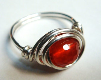 Red Ring   Red Carnelian Gemstone Ring   Sterling Silver Ring  Wire Wrapped Ring  Silver Jewelry