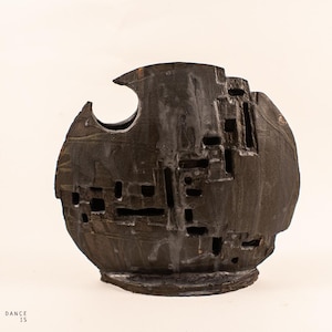 Black Ceramic Sphere Sculpture – One-of-a-Kind Abstract Clay Art – Handmade Modern Interior Decor