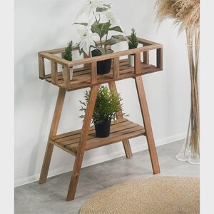 Übertopf und Pflanzenständer, Blumenständer mit Aufbewahrung, Pflanzenhalter mit Beinen, 2-Schicht-Blumentopf, Pflanzenhalter, Blumentopfständer aus Holz