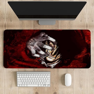 May include: A red and black anime-style mousepad featuring a close-up of a vampire with a cross in his mouth and a pentagram on his hand.
