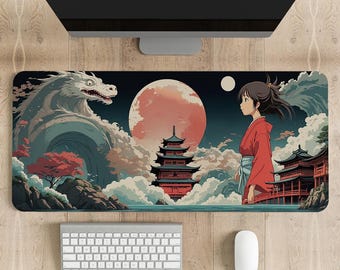 May include: A colourful anime-style mouse mat featuring a white dragon, a red moon, a red pagoda, and a woman in a red kimono. The mouse mat is set against a dark blue background with white clouds.
