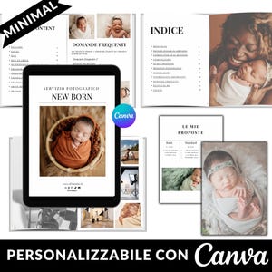 以下が含まれることがあります： 新生児写真サービスのデジタルガイド。ガイドには、ウェルカムセクション、よくある質問、インデックス、価格情報が含まれています。ガイドはCanvaでカスタマイズできます。