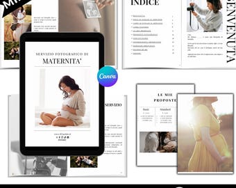 CANVA Guia fotográfico para o cliente durante a sessão de maternidade. Estilo Mínimo. Tudo pré-compilado e personalizável. Por fotografia. Itália