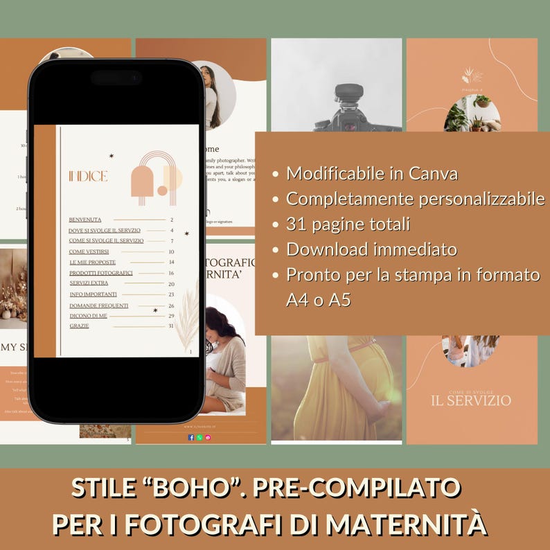 Pode incluir: Um guia digital para fot&oacute;grafos de maternidade, com estilo boho, com uma combina&ccedil;&atilde;o de cores p&ecirc;ssego e marrom. O guia &eacute; pr&eacute;-preenchido e personaliz&aacute;vel, com 31 p&aacute;ginas, e est&aacute; dispon&iacute;vel para download imediato. Pode ser impresso em formato A4 ou A5.