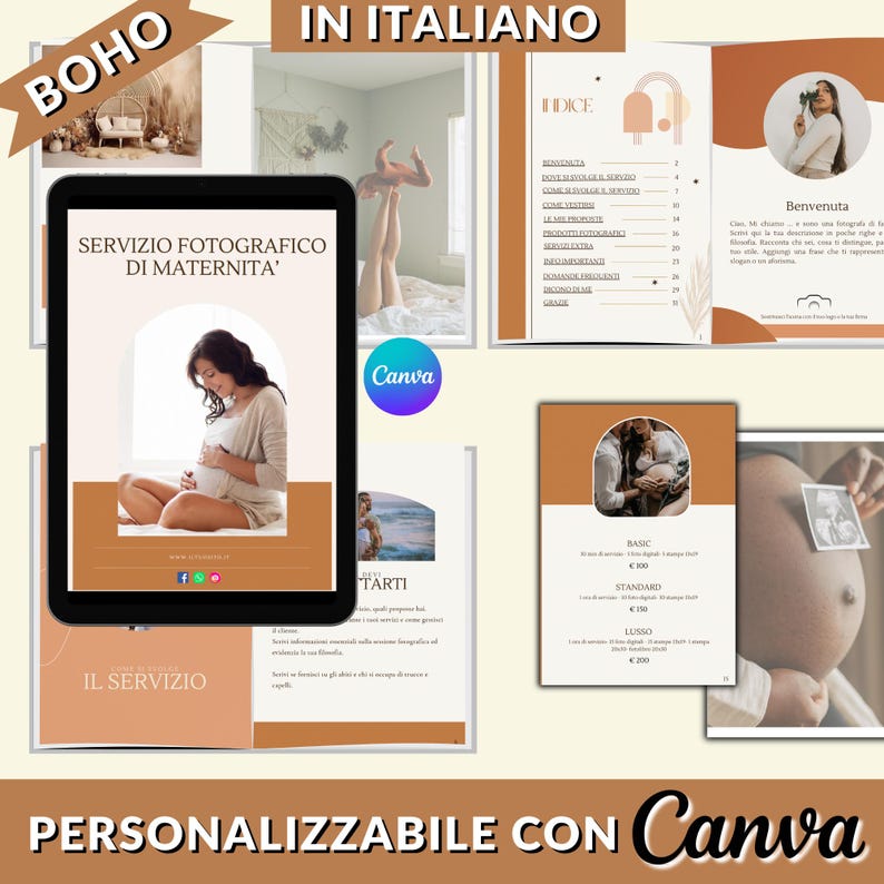 Pode incluir: Um modelo digital para um servi&ccedil;o de fotografia de maternidade em italiano. O modelo apresenta uma est&eacute;tica boho com cores quentes marrons e p&ecirc;ssego. O texto no modelo diz "Servizio Fotografico di Maternita'" e "Il Servizio".
