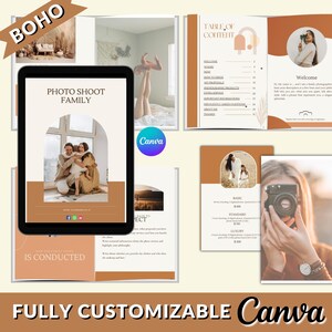 Könnte beinhalten: Ein digitaler Leitfaden für Familienfotoshootings mit Boho-Thema. Der Leitfaden enthält ein Inhaltsverzeichnis, eine Willkommensnachricht, Preisinformationen und Tipps für ein erfolgreiches Shooting. Das Cover zeigt eine dreiköpfige Familie in einer warmen, einladenden Umgebung.