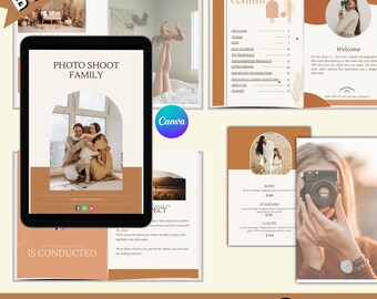 Guia do cliente CANVA Guia de modelo de preparação para sessão de família. Estilo Boho. Conteúdo pré-escrito. Personalizável. Para fotógrafos. Em inglês.