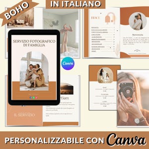 May include: A digital template for a family photography service, with a boho aesthetic. The template features a brown and white color scheme with a floral design. The text "Servizio Fotografico di Famiglia" is displayed on the template. The template is customizable with Canva.