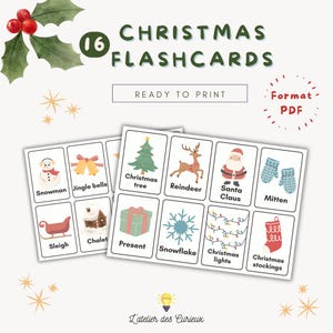 Cartes Noël- 16 cartes de Noël en Anglais | Carte Mémoire Éducative |Imprimable PDF |Enfants 3-5 Ans |A4 Fond Blanc |Fichier Téléchargeable