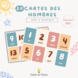 Cartões numéricos - 1 a 20 em francês | Cartão de Memória Educacional | PDF para impressão | Crianças de 3 a 5 anos | Fundo colorido A4 | Arquivo para download