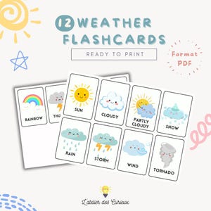Cartes Météo - 12 Types de Météo en Anglais |Carte Mémoire Éducative |Imprimable PDF |Enfants 3-5 Ans |A4 Fond Blanc |Fichier Téléchargeable