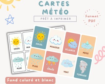 LOT- Cartões meteorológicos - 12 tipos de clima em francês | Cartão de Memória Educacional | PDF para impressão | Crianças de 3 a 5 anos | A4 | Arquivo para download