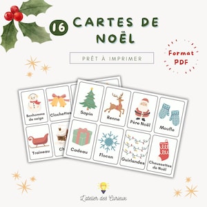 Cartes Noël- 16 cartes de Noël en Français | Carte Mémoire Éducative |Imprimable PDF |Enfants 3-5 Ans |A4 Fond Blanc |Fichier Téléchargeable