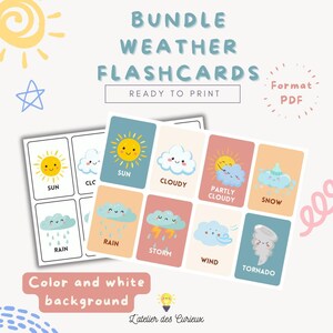 LOT - Cartes Météo - 12 Types de Météo en Anglais |Carte Mémoire Éducative |Imprimable PDF |Enfants 3-5 Ans |A4 | Fichier Téléchargeable