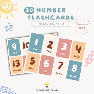 Cartões numéricos - 1 a 20 em inglês | Cartão de Memória Educacional | PDF para impressão | Crianças de 3 a 5 anos | Fundo colorido A4 | Arquivo para download