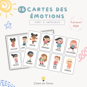Carte Emozioni - 16 Emozioni in francese | Scheda di memoria educativa | PDF stampabile| Bambini 3-5 anni | Sfondo bianco A4 | File scaricabile