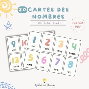 Cartões numéricos - 1 a 20 em francês | Cartão de Memória Educacional | PDF para impressão | Crianças de 3 a 5 anos | Fundo branco A4 | Arquivo para download