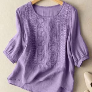 Women's Floral Embroidery Blouse | O Neck 3/4 Sleeve Cotton Tunic | Casual Loose Boho Chic Shirt | Elegant Summer Workwear Top
