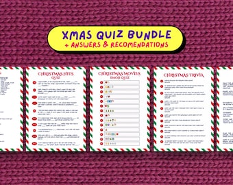 Paquete navideño imprimible: Juego de letras de canciones, concurso de películas y trivia para la fiesta de Año Nuevo
