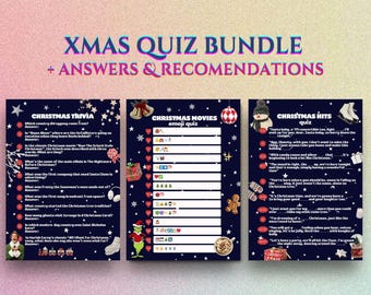 Paquete de preguntas navideñas; divertidos juegos imprimibles para la fiesta de Año Nuevo; letras de canciones navideñas, películas de emojis, trivia para todas las edades; PDF instantáneo