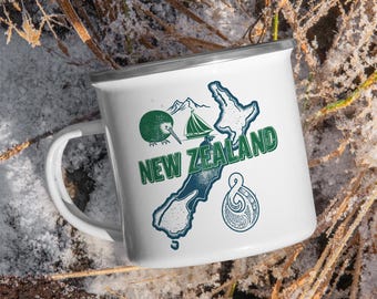 Country of New Zealand Enamel Mug - New Zealand Gift for Men & Women, Kiwi Souvenir Mug, Travel Coffee Cup, Unique New Zealand Pride Gift