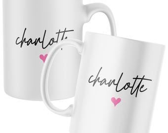 Customised Swirl Name Pink Heart Mug, Pink Swirl Drinkware, Coffee Mugs with Name Swirls, Stylish Pink Heart Mug, Custom Swirl Name for Her