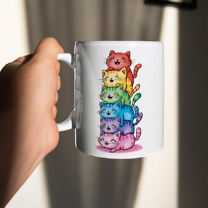 Rainbow Cute Cat Pride Mug Design, LGBTQ Cat Coffee Mug, Cute Kitty Pride Mug, Whimsical LGBTQ Cat Mug, LGBTQ Drinkware, Unisex Coffee Cups