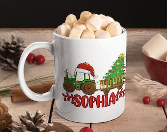 Customised Christmas Tractor Coffee Mugs, Tractor Christmas Coffee Mugs, Custom Tractor Design Mug for Kids, Unique Christmas Gift for Boys