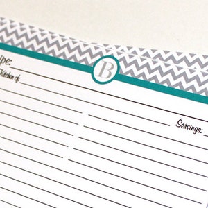 Personnalisé 10 Recipe Cards Gray et White Chevron Zigzag avec votre choix de couleur Trim 4x6 (3x5 sur demande)