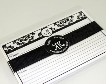 Recipe Cards Personalized -Black Damask Your choice of accent color  4x6  or 3x5