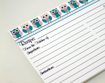 10  Owl Recipe Cards in  Pink Blue and Gray 4x6 double sided cards