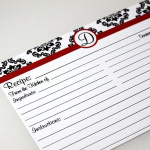 Recipe Cards Personalized White and Black Damask  with Red trim 4x6 or 3x5