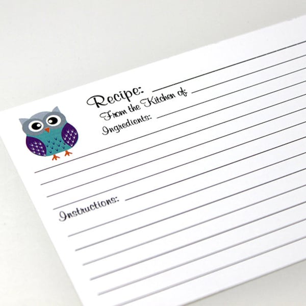 Owl Recipe Cards Customized Personalized Monogrammed 4x6 or 3x5 by request