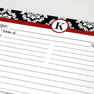 10 Rezeptkarten personalisierter schwarzer Damast mit roter Kante 102x150 (3x5 auf Anfrage)