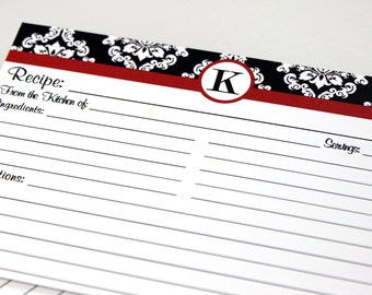 10 Recipe Cards Personalized  Black Damask  with Red trim 4x6 (3x5 by request)