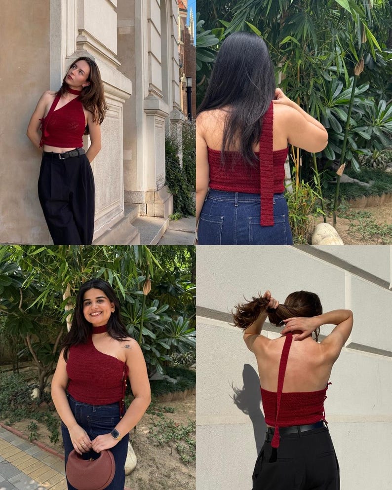 May include: A burgundy halter top with a unique asymmetrical design. The top is made of a knitted material and features a strap that ties around the neck. The top is paired with black pants and blue jeans.