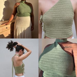 May include: A light green, handmade crochet halter top with a high neck and asymmetrical design. The top features a unique tie detail on the side and a long strap that extends down the back. The top is shown in multiple views.