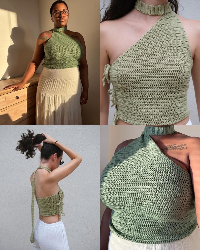 May include: A light green, handmade crochet halter top with a high neck and asymmetrical design. The top features a unique tie detail on the side and a long strap that extends down the back. The top is shown in multiple views.
