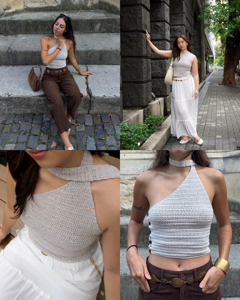 May include: A collection of light gray crochet tops with halter and one-shoulder designs. The tops are paired with brown pants and white skirts. Accessories include belts, bags, and jewelry.