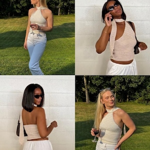 May include: A collection of four images showcasing cream-colored, halter-style crochet tops. The tops feature a high neckline and are paired with light-colored pants. The images are taken outdoors, with natural light and greenery in the background.