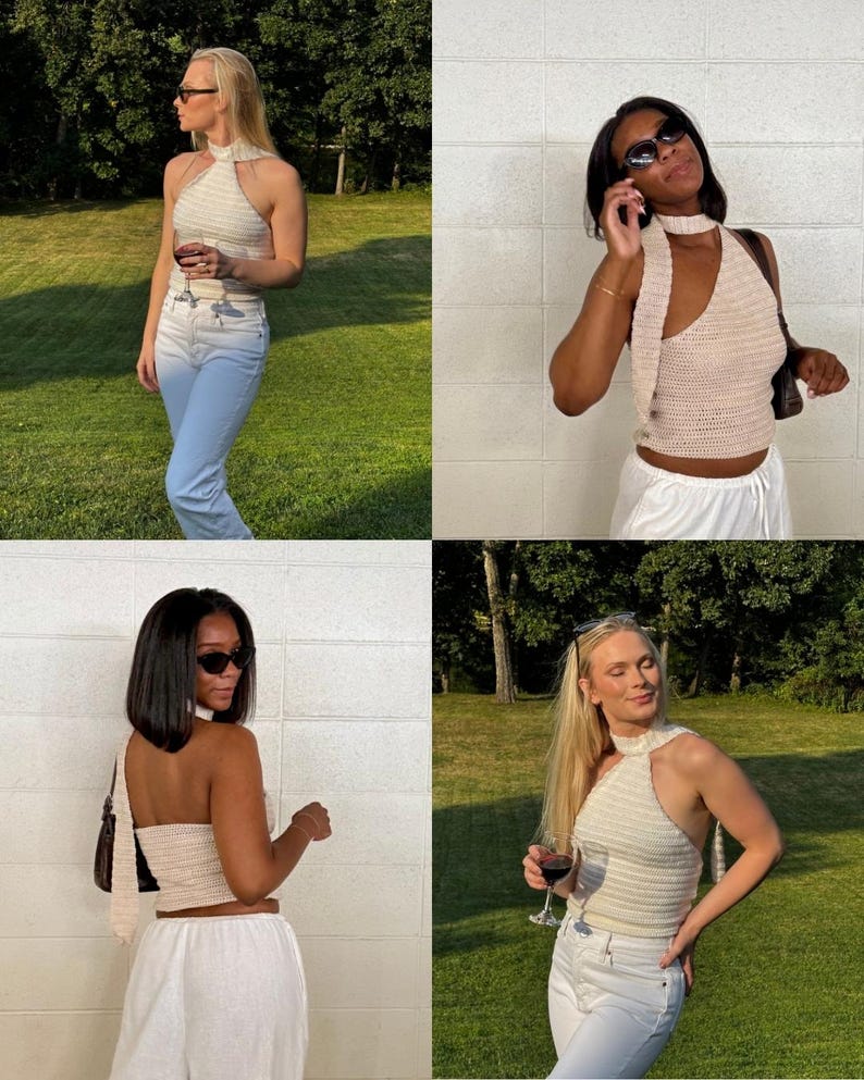 May include: A collection of four images showcasing cream-colored, halter-style crochet tops. The tops feature a high neckline and are paired with light-colored pants. The images are taken outdoors, with natural light and greenery in the background.