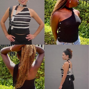 May include: A collection of four images showcasing handmade crochet tops. The tops feature various designs, including a black and white striped halter top and a solid black one-shoulder top. The tops are modeled by different individuals, highlighting the versatility of the designs.