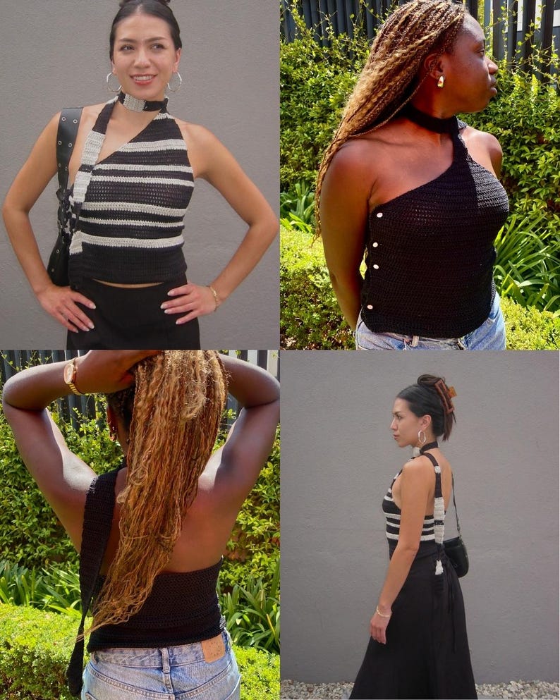 May include: A collection of four images showcasing handmade crochet tops. The tops feature various designs, including a black and white striped halter top and a solid black one-shoulder top. The tops are modeled by different individuals, highlighting the versatility of the designs.