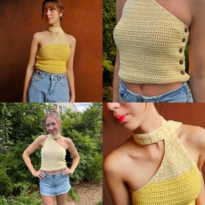 May include: A yellow crochet halter top with a matching choker. The top features a one-shoulder design and is fastened with buttons. The top is a solid yellow color with a lighter yellow section on the neckline.