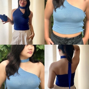 May include: A collection of crochet tops in various shades of blue. The tops include a halter style, a one-shoulder design, and a choker-style neckline. The crochet work is visible, and the tops appear to be handmade.