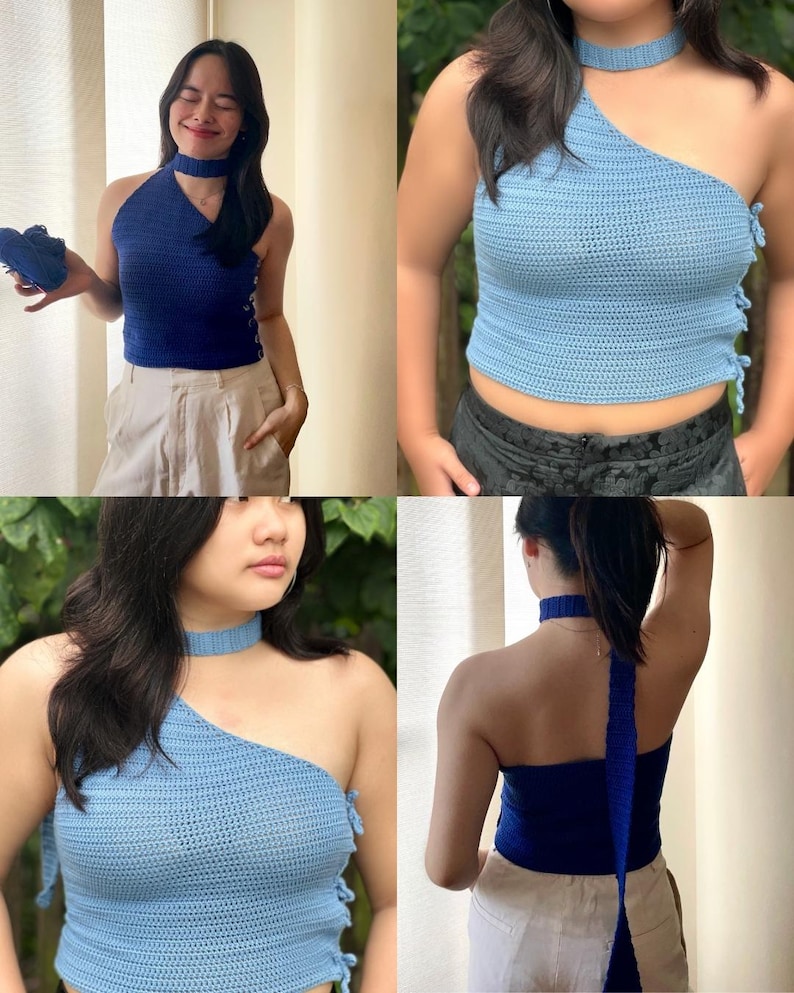 May include: A collection of crochet tops in various shades of blue. The tops include a halter style, a one-shoulder design, and a choker-style neckline. The crochet work is visible, and the tops appear to be handmade.