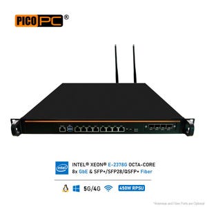 May include: Black server with an Intel Xeon E-2378G Octa-Core processor, 8 Gigabit Ethernet ports, and SFP+/SFP28/QSFP+ fiber connectivity. The server has two antennas and a 450W RPSU.