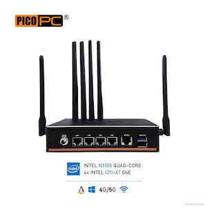 Puede incluir: Un router negro con cuatro antenas, un panel frontal negro con múltiples puertos y el texto "PICO PC®" en naranja. El router tiene el texto "INTEL N5105 QUAD-CORE 4x INTEL 1211-AT GbE" y un logotipo de Intel. El router también tiene iconos para Linux, Windows, 4G/5G y Wi-Fi.